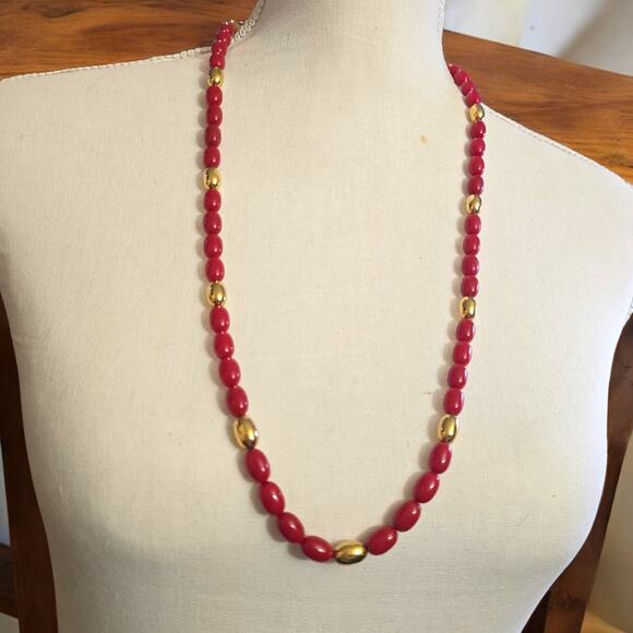 Vintage Napier Necklace Bright Red Gold Tone Oval Shaped Beads 28" L SKU 2258 - Picture 12 of 12